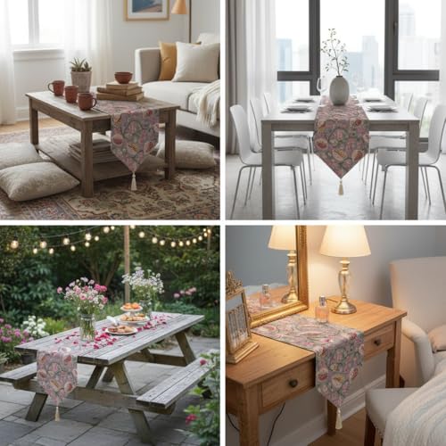Image of COZY FURNISH Luxury Floral Printed Cotton Table Runner - 13x72 Inches Tassel Runner for Dining Table, Bed & Centre Table | Elegant Home Decor Accessories