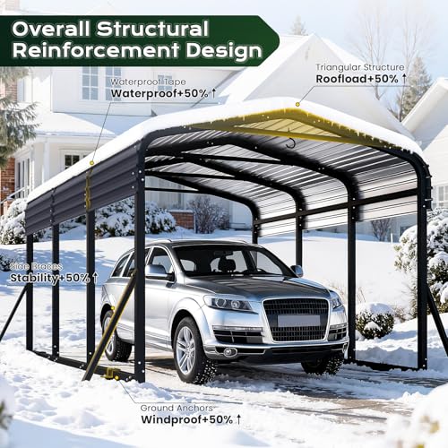 Image of Jocoevol 10x15FT Metal Carport, Heavy Duty Car Garage w /Reinforced Support Rods and Windproof Ground Anchors, All-Weather Multi-Use Outdoor Shelter for Car, Boats and Truck