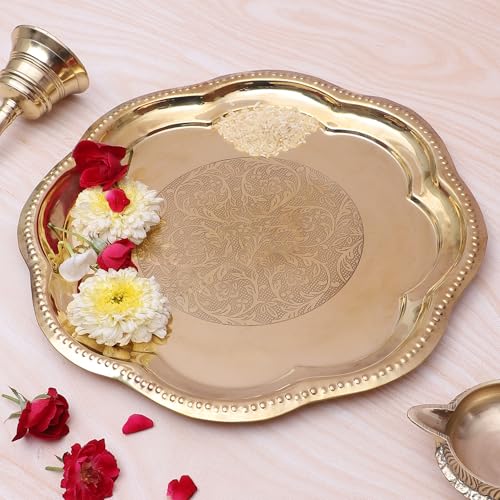 Image of Two Moustaches 11 Inches Ethnic Carved Brass Puja Thali, Traditional Pooja Aarti Thali for Home Temple, Brass Pooja Thali, Gifts for Puja Ceremony, Housewarming Gifts, Pooja Plate, Golden, Pack of 1