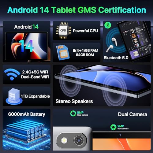 Image of Android Tablet, 2024 10.1 inch Tablet Android 14 Tablets, Octa-Core 8GB RAM 64GB ROM | 6000mAh Battery, 1024GB Expand |1080 * 800 HD IPS Touchscreen | 5G /2.4G WiFi 6 | Bluetooth 5.0 (Slive)
