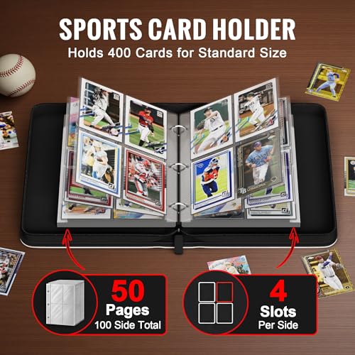 Image of Kabinka 4 Pocket Baseball Card Binder, 400 Standard Cards Sports Card Binder with Zipper, Protective Trading Card Binder Collector Organizer for Baseball Sports Cards TCG (Baseball 2)