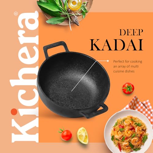 Image of Kichera Pre Seasoned Cast Iron Kadai with 2 Loop Handles 9 Inch / 23cm Heavy Duty Deep Kadhai Safe On Stovetop Induction Cooktop & Oven | 2.5LTR / 3.2KG |Naturally Nonstick Wok Pure & Toxin-Free