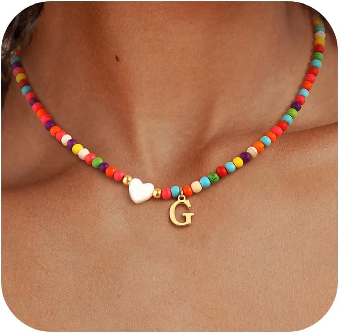 TOBENY Dainty Initial Necklaces for Women Colorful Beaded Necklaces Handmade Personalized A-Z Gifts Trendy Stuff 14K Gold Plated Bohemian Letter Choker Necklace with Heart Shaped Shells Jewelry Gift