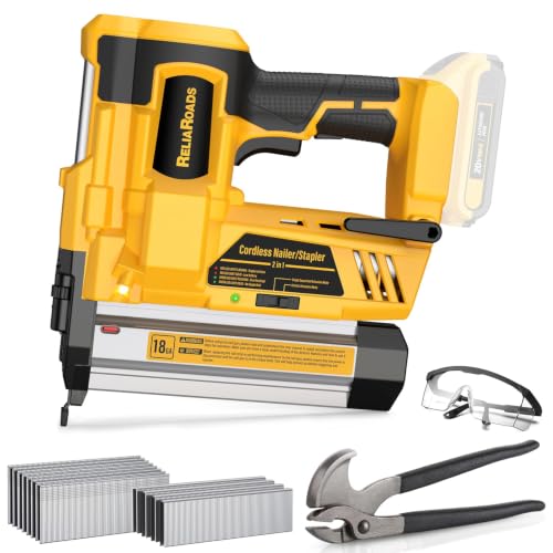 ReliaRoads 2 Cordless Brad Nailer 2-in-1 18GA Nail Gun Battery Powered Compatible with DeWalt 20V MAX Battery Electric Nailer Stapler with Nails Puller Toolbag 1600 Staples and Nails(No Battery)