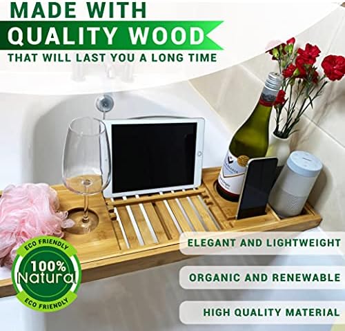 Xanobo Bathtub Caddy Bamboo Bathtub Tray Extendable Bath Tray Non Slip Bath Tray Luxury Bath Caddy Book, iPad, Tablet, Phone Holder Bamboo Bath Tray Wine Glass Holder Bath Table Tray Natural