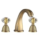YUELIFE Bathroom Sink Faucet 3 Hole Deck Mounted Widespread Brass Bathroom Faucet Crystal Handle Mixer Tap, Antique Bronze