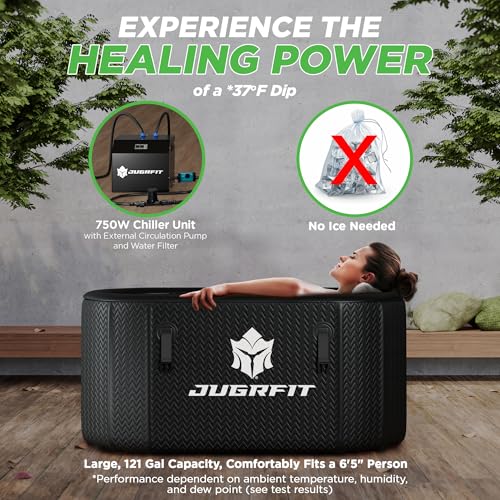 Cold Plunge Tub with Water Chiller – 53”L×32"W, 121 Gal Inflatable, Portable Ice Bath Tub for Outdoor or Indoor Use – 37℉ Chiller, Pump, & Filter – Boost Athletic Recovery, Mood, & Energy with JUGRFIT