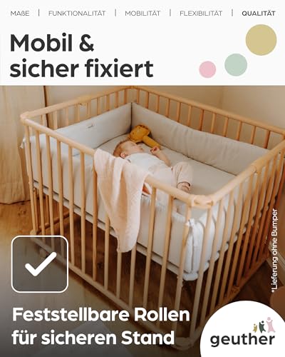 Geuther Laufgitter Lucilee 76x97 cm I höhenverstellbar I werkzeuglos montiert I gepolsteter Baby-Laufstall aus Holz I Natur I Mobil, klappbar I TÜV geprüft I zusammenfaltbar I Made in Germany