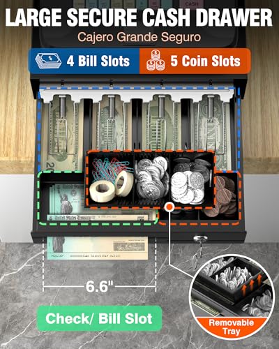 Image of PYY Cash Register for Small Businesses - Caja Registradora para Negocio with English /Spanish Language System, Dual Display, Thermal Printer & Lockable Cash Drawer, Multi-Device Connectivity, 48 Keys