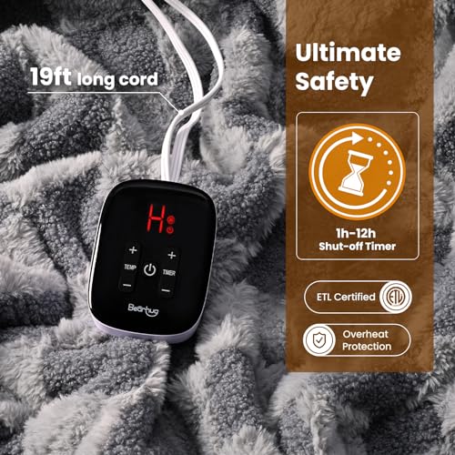 Image of Bearhug Heated Blanket Full Size 77 inch x 84 inch Electric Blanket, Reversible Brown Plaid Sherpa Heating Blanket, 10-Heat Levels & 1-12H Auto Off, ETL, Machine Washable