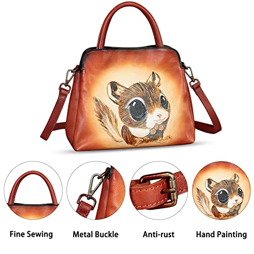 Image of Genuine Leather Handbag for Women Hand Painted Leather Top Handle Satchel Handmade Crossbody Purse