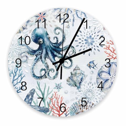 Ocean Octopus Noiseless Wall Clock, Silent Non-Ticking Hanging Wall Clocks Battery Operated, Summer Coastal Coral Flower Shells Wall Decor Wooden Clock for Bathroom Bedroom Living Room Office 10 Inch