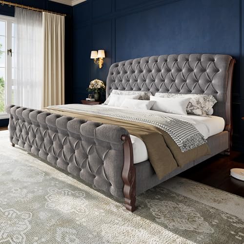 Image of AMERLIFE Upholstered King Bed Frame, 53 inch Tall Sleigh Bed with Button Tufted Chenille Headboard and Footboard, Platform Bed with Carved Solid Wood Legs, No Box Spring Needed, Dark Gray