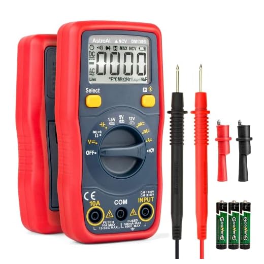 AstroAI Multímetro digital, voltímetro 1,5 V/9 V/12 V, testador de tensão da bateria, alcance automático/ohmmeter/DMM com função de tensão sem contato, mede com precisão a capacitância de resistência de amperes de corrente de tensão
