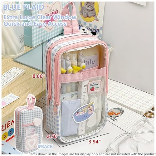 Image of Cute Pen case Adorable Bunny Transparent 3-Layer Large Capacity Pencil Case Gadget organizer with Lovely Stickers (Blue Plaid)