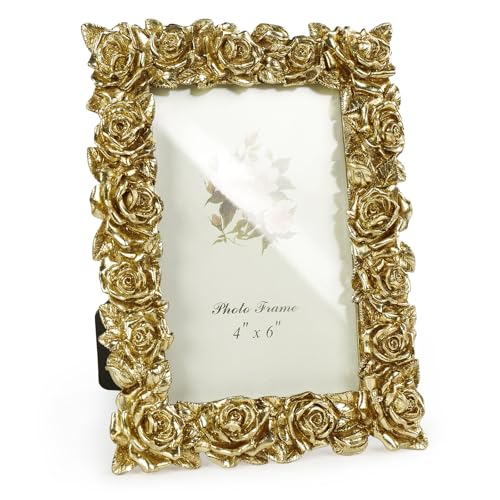 Vintage Gold 4x6 Picture Frame, Gold Ornate Rose Flower Resin Photo Frame with Glass Front for Tabletop or Wall Hanging, Antique Picture Frames for Home Office Decor