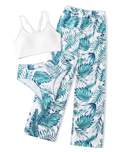 Image of NECIOUS Girls Swimsuit, 3 Piece Bikini Bathing Suit Tropical Floral Swimwear with Cover Up Pants 7-16Y