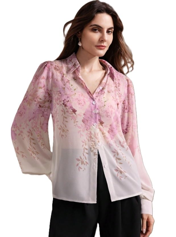 Women Shirt || Women Top ||Autumn Leaves Print Polo Collar Shirt, Casual Long Sleeve (S-22-25)