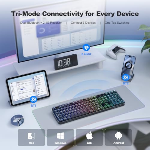Image of MOFII Tri-Mode Wireless Keyboard, Transparent Full-Size with RGB Backlit, Bluetooth 5.0 /2.4G USB /Wired Gaming Keyboard for Windows Mac PC Laptop, Black - Office & Gamers