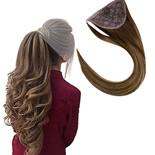 LaaVoo Ponytail Extensions Human Hair Blonde 16inch Balayage Brown Fading to Ash Blonde Highlights Straight Human Hair Ponytail Remy Ombre Clip in Pony Tail Extension 80g