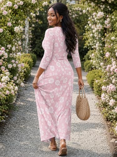 Image of PinkPatty Plus Size Maxi Dresses for Women Casual Flowy Long Dress 3 /4 Sleeve V Neck Wrap Dress with Belt