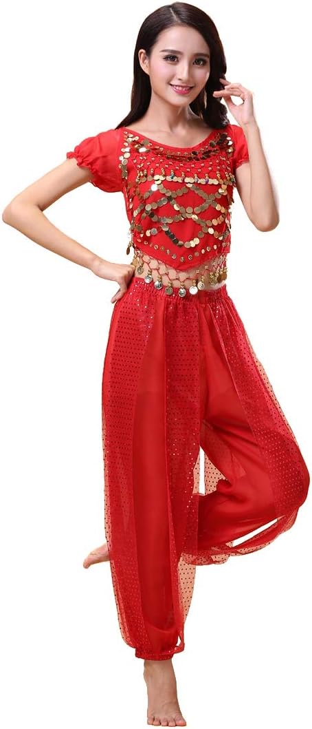 Bollywood indian bharatanatyam belly dance 2-piece fancy dress red/blue/yellow costume outfit for womens girls adult dancer (150-169cm, 30-60kg)