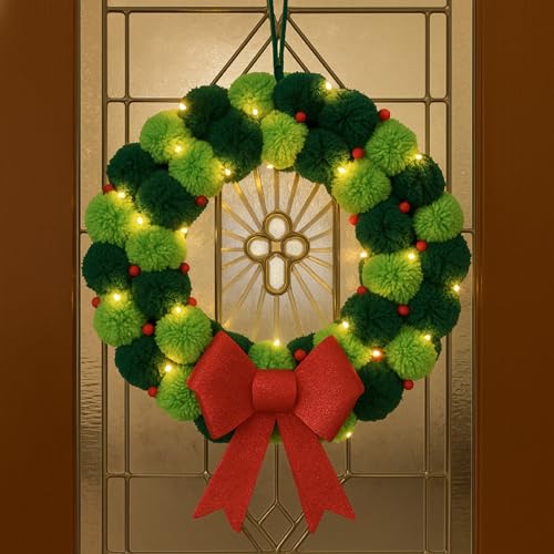 Briwooody 16 Inch Pompom Christmas Wreath with LED Lights, Large