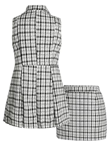 Women's Plus Size 2 Piece Outfit Plaid Lapel Collar Open Front Blazer Vest and Mini Skirt Work Set2