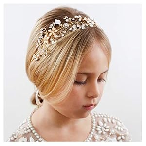 SWEETV Flower Girl Headband for Wedding, Baby Girl Flower Pearl Hair Piece, Gold Headpiece for Birthday Party…