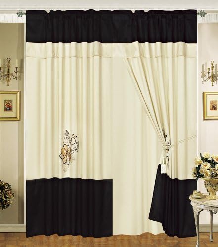 OctoRose ® Pair of Beige/Black Embroidery Design Window Curtain/Drapes/Panels with Sheer Linen Valance and Tieback