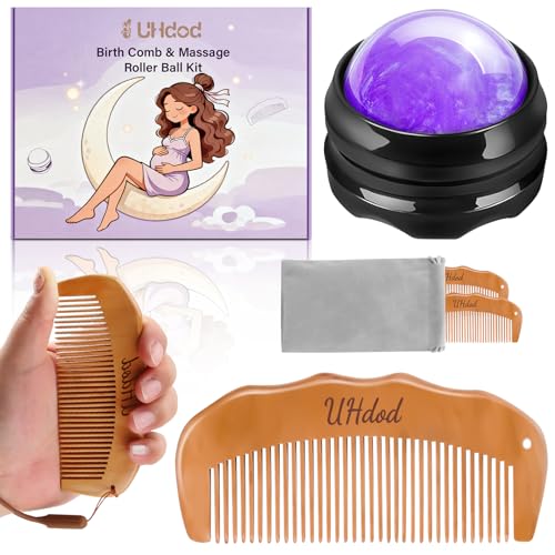 UHdod Birthing Comb & Massage Roller Ball 3 Kit, Wooden Labor Comb Hair Combs for Labor and Delivery Essentials, Pregnancy Hospital Bag Essentials for Women, Pregnant Mom Gifts for Birthday Christmas