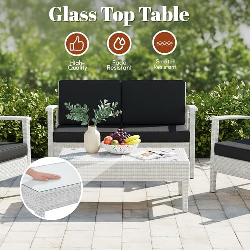 Image of DEVOKO Marbella 4 Piece Outdoor Wicker All Weather Balcony, Indoor, Porch, Garden, Terrace Patio Furniture Set with Cushion (White & Black)