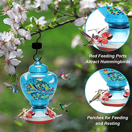 Mingyall Glass Hummingbird Feeder with Perch, Colorful Humming Bird Feeders for Outdoors 0.45 Gallon Nectar Capacity Include Hanging Wires and Moat Hook, Brush