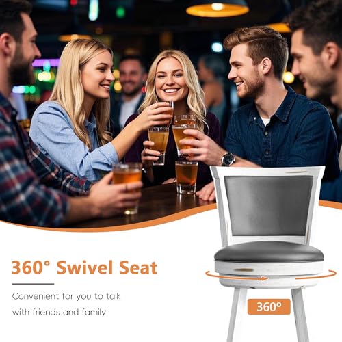 Butacos Giratorios de Barra, Juego de 2 Unidades, Altura de Encimera 24", Asiento Tapizado en Cuero Sintético con Espaldar y Reposapiés, Patas de Madera Maciza, para Cocina, Comedor y Pub, Color Blanco Antiguo miniatura 4
