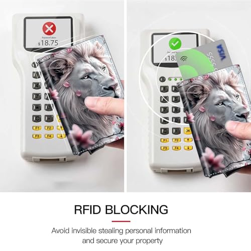 Pop Up Wallet Women Men with Money Slot,RFID Blocking Leather Minimalist Automatic Credit Card Holder Business Trifold Card Case-Cherry Blossom Lion4