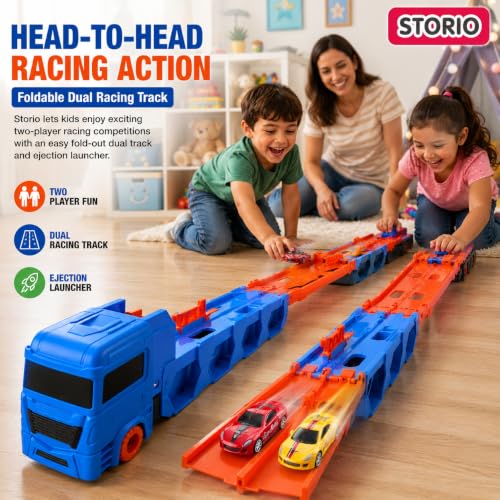 Image of Storio Big Hauler Storage & Deform Transport Truck Toy | 3-in-1 Transforming Carrier with Foldable Dual Racing Track & 2 Die-Cast Cars | Push & Go Toy for Kids Boys & Girls 3+ Years