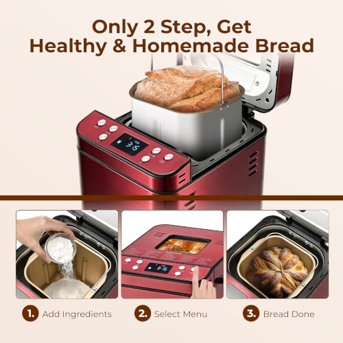 Image of Rosewill 25-in-1 Automatic Bread Maker Machine with 3 Loaf Size up to 2LB, 700W High Power Dual Heater Bread Maker with BPA-free Nonstick Coating Pan, Max 15 Hours Delay Timer, Low Noise - Red Velvet