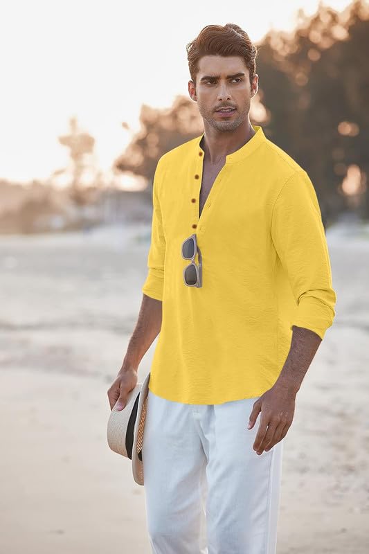 Image of Macsivo Men's Cotton Blend Henley Short Kurta with Mandarin Collar Long Sleeeve Button Closure Curved Hem Regular Fit | Kurta for Men Stylish