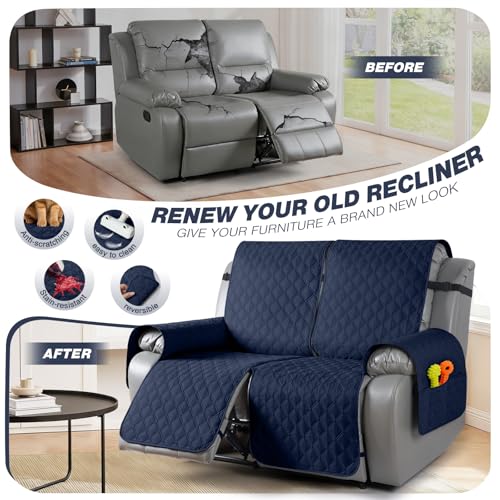 Image of TAOCOCO 100% Waterproof Recliner Covers, Recliner Sofa Covers with Leg Straps, Reversible Recliner Couch Cover for Reclining Chair, Washable Couch Protector for Pets Kids(2 Seater, Dark Blue)
