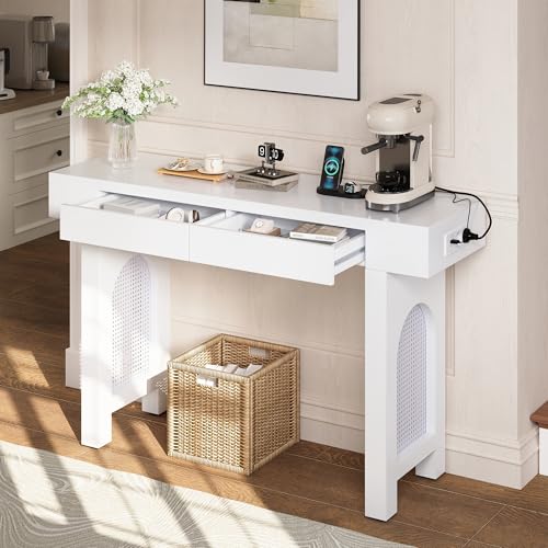 Mesa consola con cajones REXO blanca con regleta integrada para pasillo 4