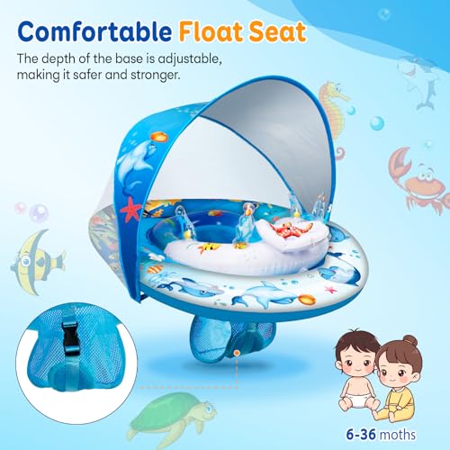 Baby Pool Float with Canopy,120° Adjustable UPF50+ Protection,Anti-Tip Safety Seat,Inflatable Toddler Floaties Infant Swim Ring,Thick PVC Pool Float with Animal Pool Toys,Beach Essentials for 3-36M — view 5