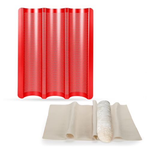 Barlket Baguette Bread Pan for Baking – Nonstick Perforated French Bread Pan, 3 Wave Thickened Carbon Steel Baguette Tray for Homemade French Baguettes, Garlic Bread, and Sandwich Rolls, Red