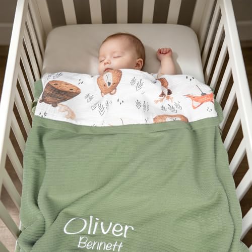 Image of Personalized Baby Blanket with Name - Custom Knit Blanket, 27x40in Embroidered Nursery Blanket for Girls & Boys Woodland- Customized Baby Blanket, Soft Newborn Gift & Custom Baby Gift (Leaf)