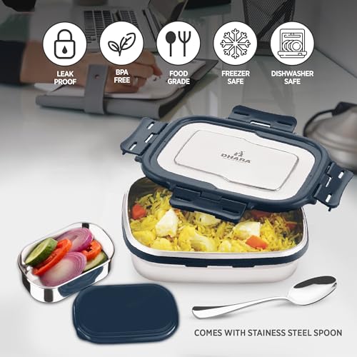 Image of Dhara Stainless Steel Blaze Tiffin Box for School, 800ml Airtight Lunch Box 600ml with Mini Container 200ml and Spoon - Navy Blue