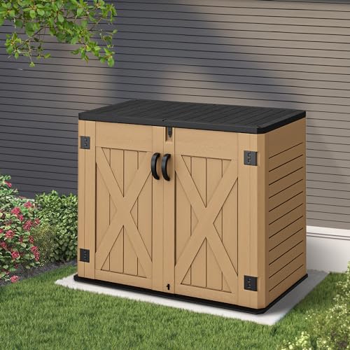 YITAHOME Outdoor Resin Storage Sheds with X-Shaped Lockable Door, 39 in Height Lockable Waterproof Horizontal Shed w/o Shelf，Easy to Assemble Shed Storage for Garden Tools, Brown X-Shaped-4.