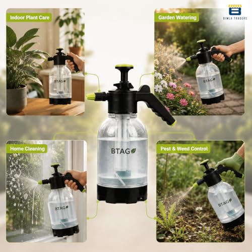 Image of Btag 2L Manual Pressure Spray Pump with Long Nozzle, Adjustable Sprayer for Gardening, Plant Watering & Home Cleaning. (PS001 Transparent Green)