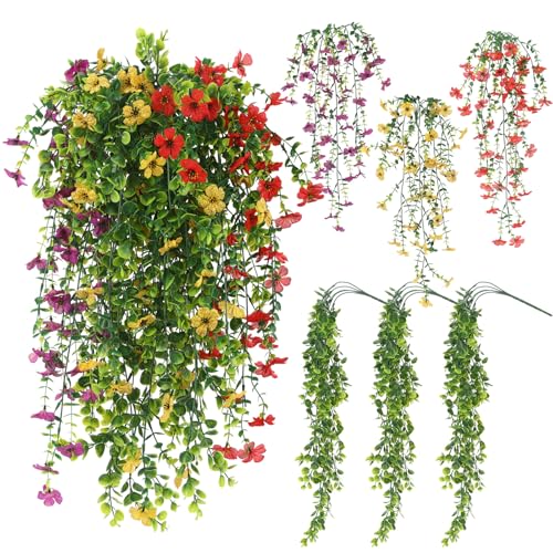Rivvlive 6 Pcs Artificial Flowers for Outdoors Decoration Faux UV Resistant Violet Flowers with Eucalyptus Leaves Trailing Plants Creeping Jenny for Window Porch Outside Indoor Yard Home Patio Decor