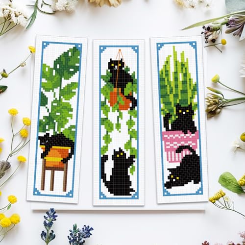 Image of ACRNIGHEET 6PCS Cross Stitch Bookmark Kits Cute Cat and Plants Pattern Stamped Cross Stitch Kits for Beginners Adults DIY Stamped Embroidery Bookmarks with Instructions Hand Embroidery Craft Gift 11CT