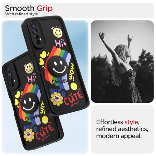 Image of Pikkme Back Cover for Realme 7 / Narzo 30 4G / Narzo 20 Pro | Soft Silicone| Cute Rainbow Smile & 3D Cartoon Flower Design | Shockproof Raised Camera Protection Bumper Case (Black)
