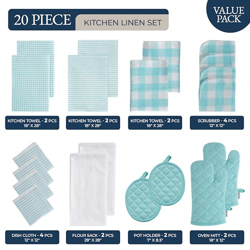 Image of LANE LINEN Kitchen Towels and Dishcloths Sets - 20Pc Kitchen Towel Set, 350 Degree Heat Resistant Oven Mitts & Pot Holder, Reusable Absorbent Dish Cloths for Washing Dishes - Aqua